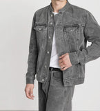 Taooba- 5571 GRAY MANDARIN COLLAR DENIM JK & WIDE STRAIGHT JEANS