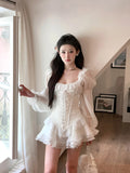 Taooba  party look inspos White French Elegant Evening Party Dress Women Casual Sexy Lace Puffed Sleeve Short Robe Summer Korean Y2k Sweet Mini Dress Chic