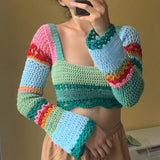 Taooba Christmas Gift outfit  Crochet Hollow Out Patchwork  T-shirts Y2K Aesthetic Vintage Skinny Knitted Crop Top 90s 00s Retro Backless Tie-up Tees Sweater