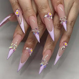 Taooba Christmas nail 24Pcs False Nails with Glue Almond Pink Butterfly Design Detachable Rhinestones Acrylic Fake Nails Long Stiletto Press on Nails