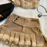 Taooba Y2K Knitted Splicing Short Skirt Two Piece Set Women Knitted Long Sleeved Sweater Cute Bow Mini Pleated Skirt Autumn Winter Suit