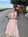 Taooba  party look inspos French Fairy Chiffon Midi Dress Women Short Sleeve Casual Boho Beach Sundress Women Pink Elegant Korean Dress 2025 Summer Chic