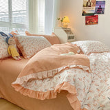 Taooba-Lovely Princess Flower Print Ruffles Bedding Set 100% Cotton Cute Girls Duvet Cover Set with Bed Sheet Kawaii Bedding Sets Soft