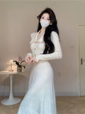 Taooba  party look inspos French Solid Autumn Winter Knitted Dress Elegant Women New Peter Pan Collar High Waist Long Dress Lady Office Sweater Vestidos