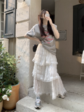 Taooba  party look inspos Korobov White Gauze Half Skirt Women Summer New French Vintage Cake Skirt High Waist A-line MIDI Skirt Korean Fashion Faldas