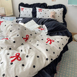 Taooba Korean version the butterfly knot towel embroidered quilt cover washed cotton black lace four-piece bedding set girly student