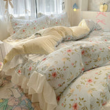 Taooba Christmas Gift Bedding Set Korean Style 2024 New  Small Floral Water Washed Cotton Lace Duvet Cover Set Queen Size