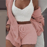 Taooba Christmas Gift outfit  Autumn Velvet Three Piece Suit Outfits Sexy Women White Matching Set Crop Top And Shorts Lounge Home Wear Pijama Oversize Winter