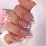 Taooba Christmas nail 24Pcs Short French False Nails with Silver Edge Simple Nails Press on Acrylic Almond Ballerina Fake Nails Full Over Nail Tips