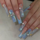 Taooba 24 coffin-shaped blue French butterfly small flower dots diamond glossy false nails suitable for daily use (1 jelly gel+1 rubbin