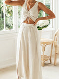 Taooba- Two Piece White Drawstring Short Sleeved Top Wide Leg Slit Trousers Suit