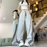 Taooba party outfit  Black Striped Sweatpants Women Preppy Style High Waist Loose Casual Trousers Korean Chic Gray Lace Up Streetwear Wide Leg Pants