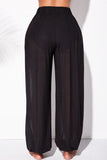 Taooba - Black Fashion Casual Solid See-through Slit Regular High Waist Trousers