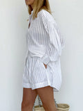 Taooba- Two Piece Set Striped Long Sleeve Shirt Elastic Waist Short