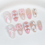 Taooba Christmas Nail  10Pcs Y2k Ballerina Handmade Press on Nails Full Cover Bowknot Pearl Pattern Diamond Stick on Pink Glitter French Fake Nail Tips