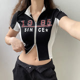 Taooba - Contrasting Zip Up Rib Crop Top