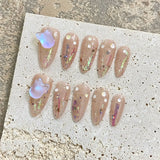 Taooba 10Pcs French Handmade Almond Press On Nails Ballerina Simple with Rhinestones Wearable False Nails Decoration Fake Nail Tips Art