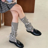 Taooba Christmas Gift outfit -Preppy Style Bow Long Socks Women Sweet Girls Plaid Ribbon Strap Lolita Leggings Winter Design Knitted Cuffs Leg Warmer Stocking