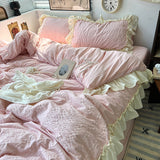 Taooba Christmas Gift Pink Korean Princess Style Lace Ruffles Bedding Set Skin-friendly Seersucker Duvet Cover Set Fitted Sheet/Bed Sheet Pillowcases