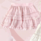 Taooba  party look inspos Autumn Kawaii Lolita Style Pink Skirt Sets Women Sweet Lace Bandage Tank Top Cute Mini Cake Skirt Chic Jacquard Relief Rose Suit