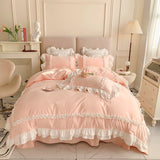 Taooba Christmas Gift Elegant Lace Bedding Sets Luxury Bed Linen Princess Washed Cotton Ruffle Duvet Cover Bed Sheet and Pillowcases for Girl Luxury