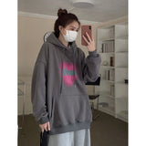 Taooba Christmas Gift outfit  Women's Grey Fashion Letter Printing Baggy Pullover Pocket Fleece Thicken Sweatshirt Lazy Casual Raglan Sleeves Hoodie Winter