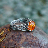 Taooba Retro Hollow Flower Amber Stone Ring For Women Silver Color Vintage Ring Unisex Accessories Handmade Designer Jewelry Lover Gift