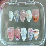 Taooba 10Pcs Handmade Manicure Medium Almond Ballet Fake Nails Shell Limite Nails Press On Nails Design with Adhesive Nail File Set