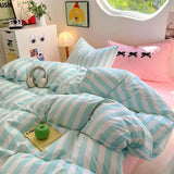 Taooba Christmas Gift Korean Bedding Set INS Girls Striped  Soft Washed Cotton Bed Sheet Set Queen King Size Comforter Set Pillowcase Bed Linens