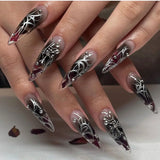 Taooba Punk Cool Style Black Flame Love Heart Press on Nails Butterfly Star Long Pointed False Nails Art Fake Nails Charms Y2K Manicure