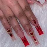 Taooba Christmas Nail  24Pcs Square False Nails with Glue Wearable Red Long Coffin Fake Nails Rhinestone Design Ballet Full Cover Press on Nails Tips