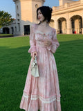 Taooba  party look inspos Elegant Sweet Pink Print Midi Dresses for Women Flower Square Collar Lantern Sleeve Lace Patchwork Long Dress Autumn Party Robe