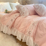 Taooba Christmas Gift Pink Korean Princess Style Lace Ruffles Wedding Bedding Set Seersucker Washed Cotton Soft Duvet Cover Set Bed Sheet Pillowcases