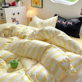 Taooba Christmas Gift Korean Bedding Set INS Girls Striped  Soft Washed Cotton Bed Sheet Set Queen King Size Comforter Set Pillowcase Bed Linens