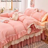 Taooba Christmas Gift Pink Lace Ruffle Bedding Set Luxury Bed Skirt Sheet Bedspread Korean Duvet Cover Girls Princess Bedspread Pillowcases