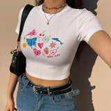 Taooba Christmas Gift outfit -Y2K baby Summer Skinny Women Graphic T Shirts Navel Trend Print Stretchy Short Sleeve Kawaii Crop Top Streetwear Tees Aesthetic