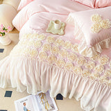 Taooba Christmas Gift 3Pcs Pink Skin-friendly Soft Three-dimensional Flowers Embroidery Lace Ruffles Princess Bedding Set Duvet Cover With Pillowcases