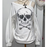 Taooba party outfit  American Harajuku Off The Shoulder Sling Loose T Shirts Y2k Aesthetic Skull Print Long Sleeve Spring Sweatshirts Punk Clothes