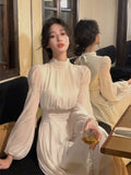 Taooba  party look inspos Autumn Chiffon Fairy Midi Dress for Women Elegant Lantern Sleeve One Piece Dresses Korean Fashion Long Vestidos Female Clothing