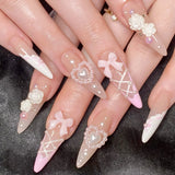 Taooba 24Pcs Long Almond Wearable Fake Nails with Bow Diamond Design Ballerina Nail Art Sweet Cool French Full Cover Press on Nail Tips