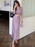 Taooba  party look inspos Autumn Korean Solid 2 Pieces Set Women Elegant V-Neck Long Sleeve Pleated Shirt Tops and High Waist A-Line Mermaid Skirt Suits