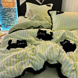 Taooba Christmas Gift Korean Style Bedding Set Green Strip Black Cat Embroidery Washed Cotton  Duvet Cover Cute Cardboard  Bed linen Comforter Sets