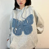 Taooba Christmas Gift outfit  Denim Butterfly Patchwork Oversized Hoodie Women Street Wear Hip Hop Casual Long Sleeve Pullover Harajuku Cotton Gray Tops