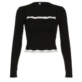 Taooba Christmas Gift outfit  - French Lace Trim Splice Slim Long Sleeve Tee