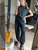 Taooba Christmas Gift outfit   2024  Autumn New Fall Outfits  Knitting Women's Suit Black O-neck Short Sleeve Pockets Top Loose Long Pants Suits Female Trendy Casual Lady Clothes