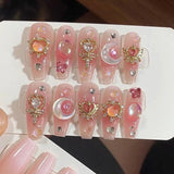 Taooba Christmas Nail  10Pcs Detachable False Nails with Rose Butterfly Rhinestone Pearl Long Ballet Full Cover Coffin Fake Nail Wearable Press on Nail