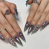 Taooba Punk Cool Style Black Flame Love Heart Press on Nails Butterfly Star Long Pointed False Nails Art Fake Nails Charms Y2K Manicure