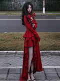 Taooba  party look inspos Autumn Red Vintage Elegant Dress Women Flare Sleeve Designer Sweet Long Dress Female Ruffles Retro Princess Irregular Dress 2024