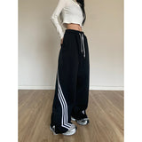 Taooba party outfit  Black Striped Sweatpants Women Preppy Style High Waist Loose Casual Trousers Korean Chic Gray Lace Up Streetwear Wide Leg Pants