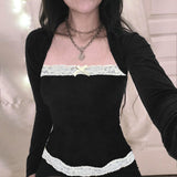 Taooba Christmas Gift outfit  - French Lace Trim Splice Slim Long Sleeve Tee